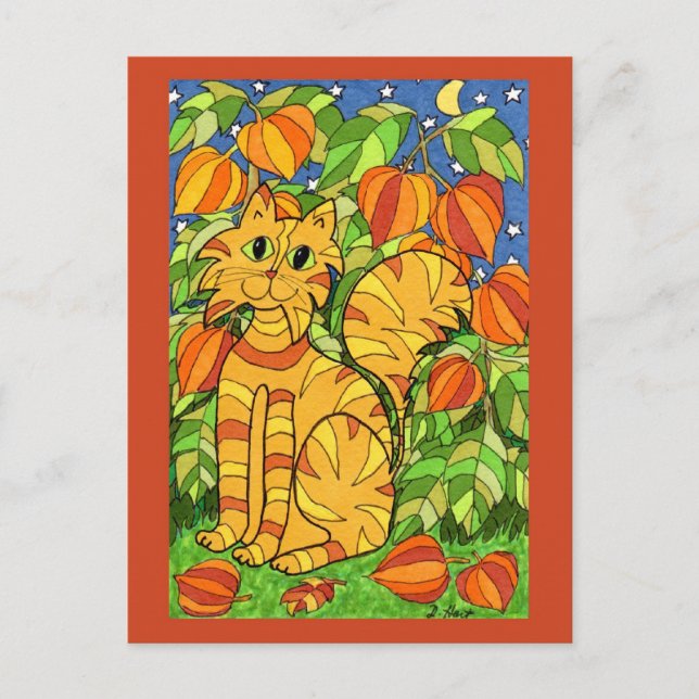 Postal Gato con planta de farolillos china (Anverso)