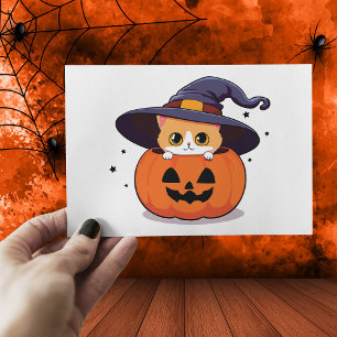 Postal Gato con sombrero de bruja en Jack-O-Lantern de Ha