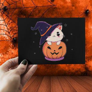 Postal Gato con sombrero de bruja en Jack-O-Lantern de Ha