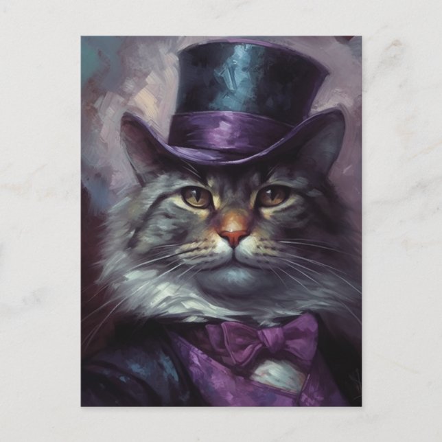 Postal Gato con sombrero de topante y traje elegante (Anverso)
