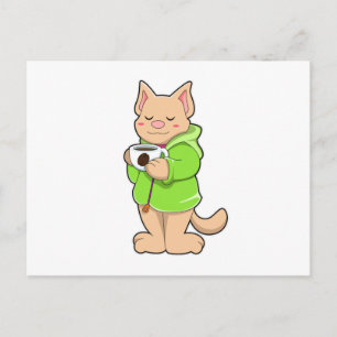 Postal Gato con taza de café y pijama