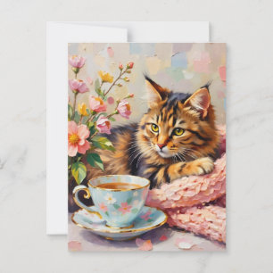 Postal Gato con taza de té