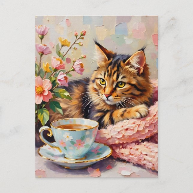 Postal Gato con taza de té (Anverso)