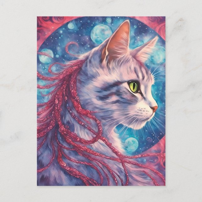Postal Gato con trenzas largas de pelo rosado (Anverso)