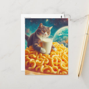 Postal Gato con un vaso de leche en una pasta con queso e