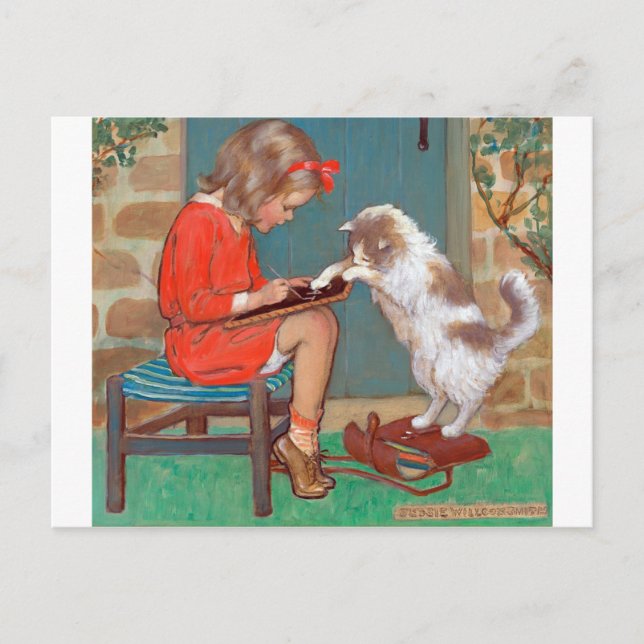 Postal Gato con una Chica, Jessie Willcox Smith (Anverso)