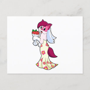 Postal Gato con vestido de novia y ramo de flores