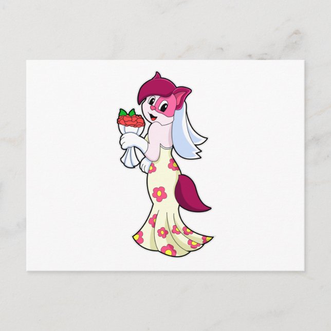 Postal Gato con vestido de novia y ramo de flores (Anverso)