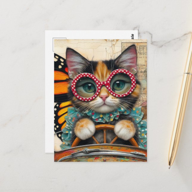 Postal Gato conduciendo un auto (Anverso/Reverso In Situ)