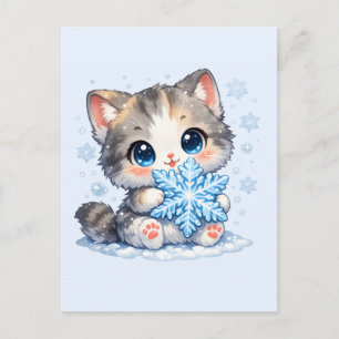 Postal Gato copo de nieve Kawaii – Gato lindo de invierno