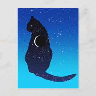 Postal Gato cósmico en estrellas y patrón de luna crecien