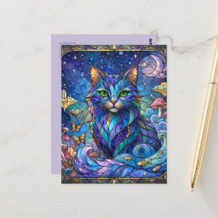 Postal Gato Cósmico Vidrio Emplomado Surrealista Ojos Ver