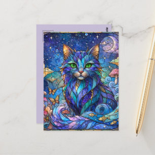 Postal Gato Cósmico Vidrio Emplomado Surrealista Ojos Ver