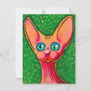 Postal Gato curioso feliz sin pelo en Pastel al Óleo sobr
