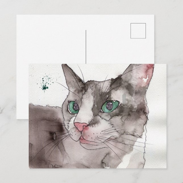 Postal Gato de acuarela (Anverso / Reverso)