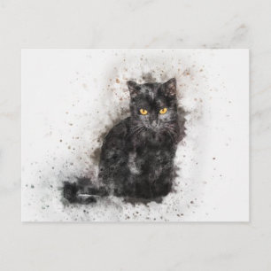 Postal Gato de acuarela en blanco y negro