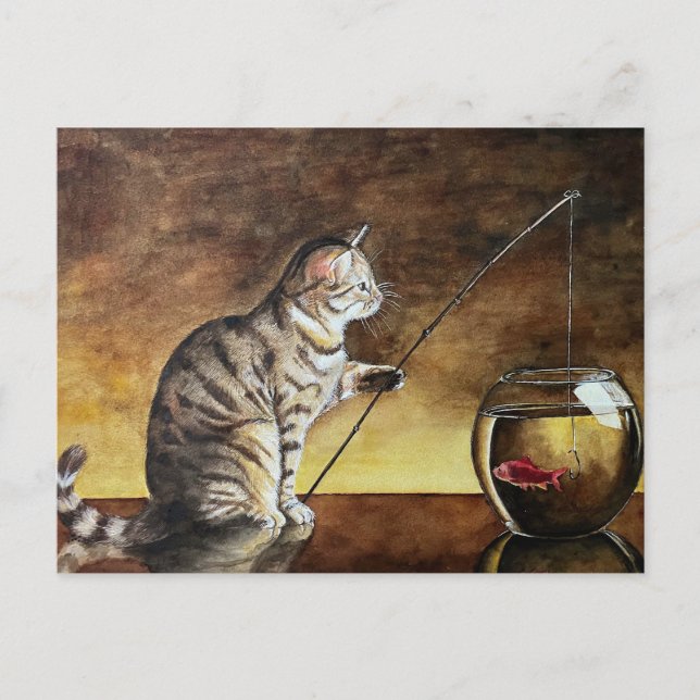 Postal gato de acuarela pescando (Anverso)