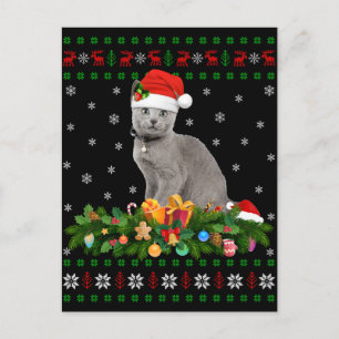 Postal Gato de animal amante de Santa Hat gato azul ruso