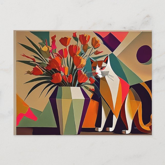 Postal Gato de arte con flores (Anverso)