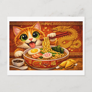 Postal Gato de Arte de Fideos Ramen Kawaii Divertido