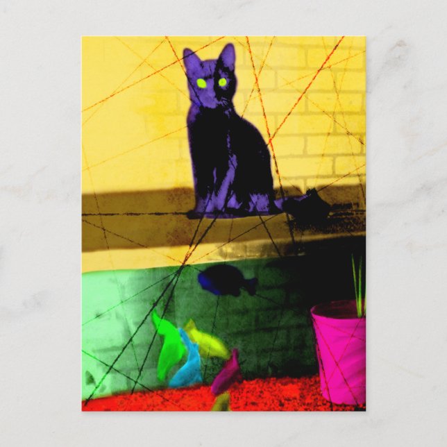 Postal Gato de Arte Pop Grunge en un tanque de pescado (Anverso)