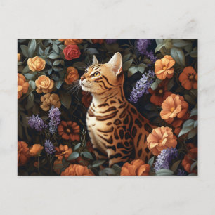 Postal Gato de Bengala rodeado de hermosas flores
