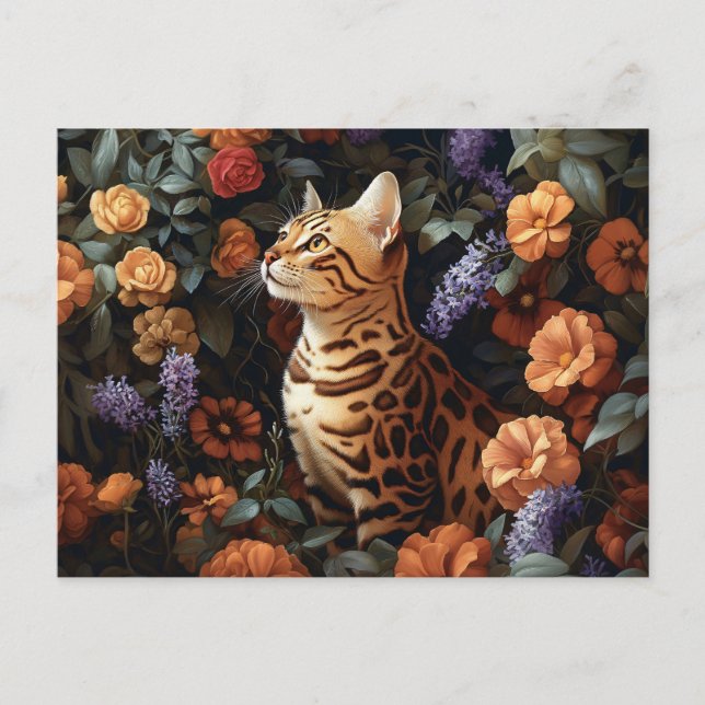 Postal Gato de Bengala rodeado de hermosas flores (Anverso)