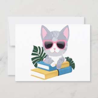 Postal Gato de biblioteca con gafas rosadas - Kawaii Smar