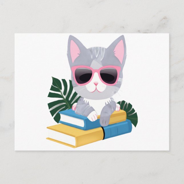 Postal Gato de biblioteca con gafas rosadas - Kawaii Smar (Anverso)