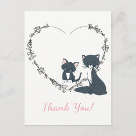 Postal Gato de bonito, gatito y corazón de flores gracias