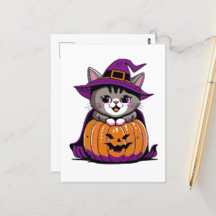 Postal Gato de bruja adorable de Halloween