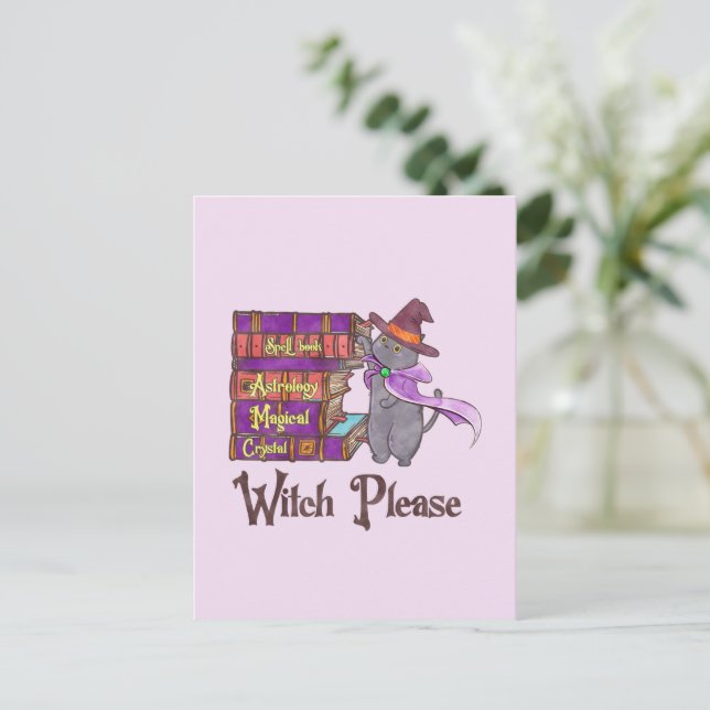 Postal Gato de bruja con libros - "Bruja por favor" (Anverso de pie)