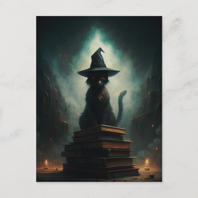Postal Gato de bruja de Halloween (Anverso)