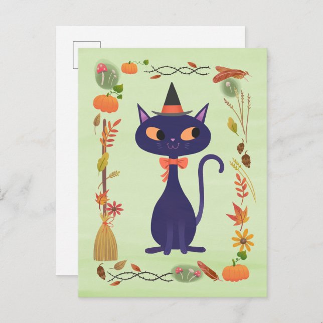 Postal Gato de bruja de Halloween (Anverso / Reverso)
