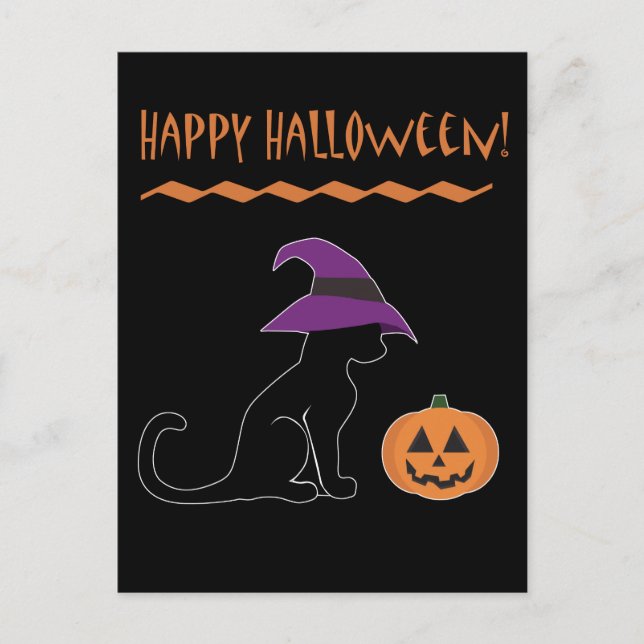 Postal Gato de bruja de Halloween y calabaza (Anverso)