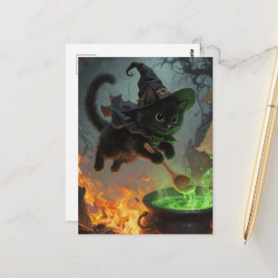 Postal Gato de bruja negra adorable haciendo pociones