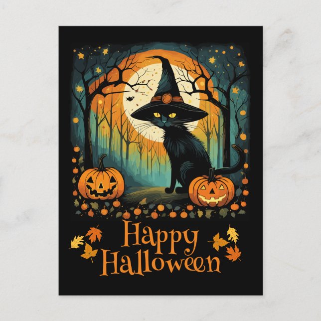 Postal Gato De Bruja Negra De Halloween Y Calabaza De Lun (Anverso)