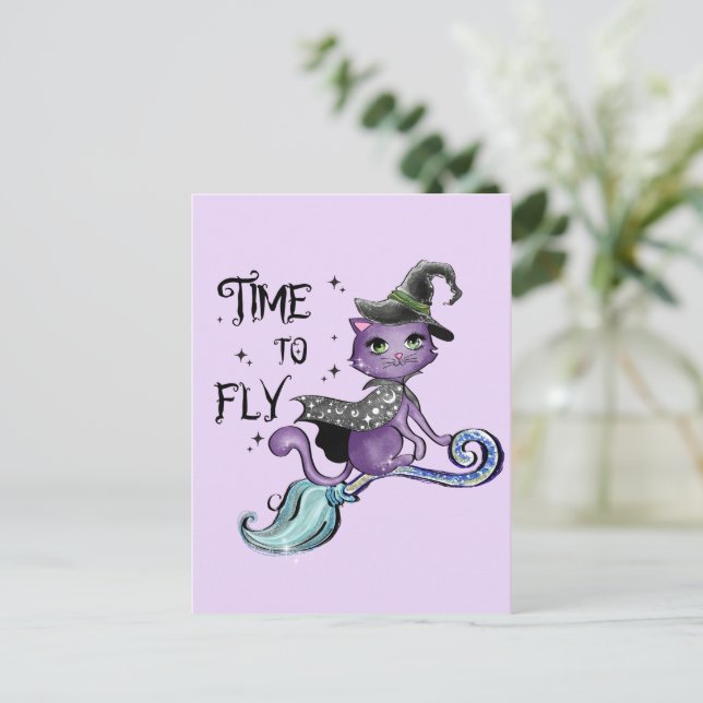 Postal Gato de bruja volador | Hora De Volar (Anverso de pie)