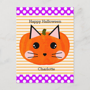 Postal Gato de calabaza de Naranja púrpura Feliz Hallowee