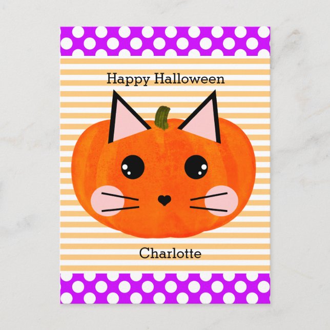 Postal Gato de calabaza de Naranja púrpura Feliz Hallowee (Anverso)