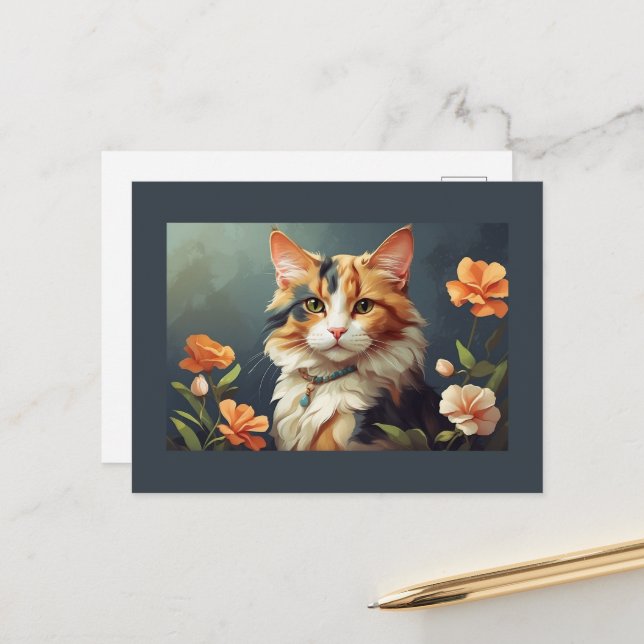 Postal Gato de Calico y flores (Anverso/Reverso In Situ)