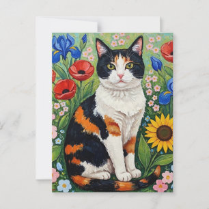 Postal Gato de Calico y girasoles de arte popular