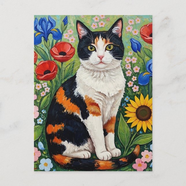 Postal Gato de Calico y girasoles de arte popular (Anverso)