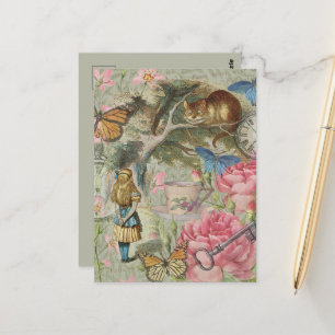 Postal Gato de Cheshire de Alicia en el jardín del árbol 