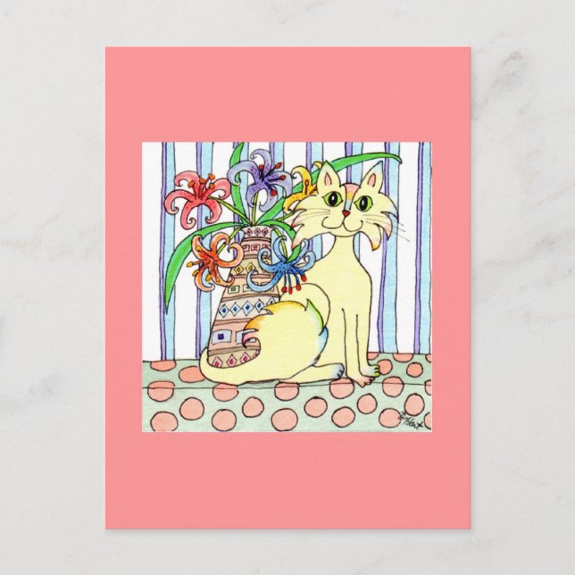 Postal Gato de color crema con lirios pasteles (Anverso)