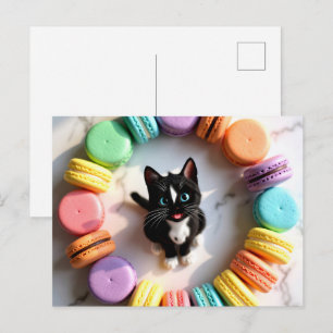 Postal Gato de Cumpleaños Adorable con Macarons Coloridos