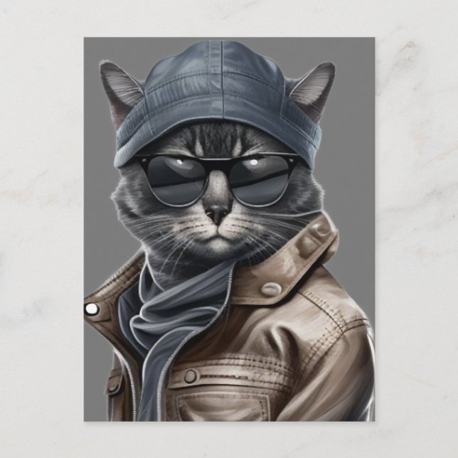 Postal Gato de cumpleaños con gafas de sol y chaqueta mar (Anverso)