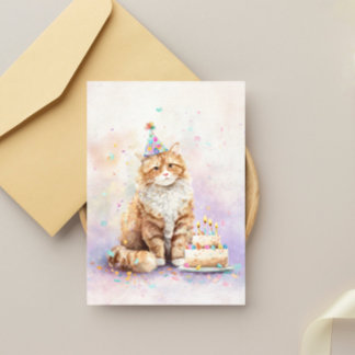 Postal Gato de cumpleaños con pastel - Gato lindo con som