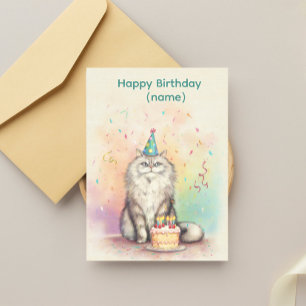 Postal Gato de Cumpleaños Esponjoso – Gato con Sombrero d