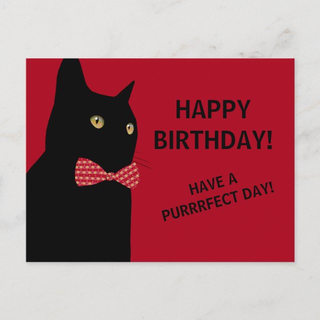 Postal Gato de cumpleaños feliz negro con corbata roja (Anverso)